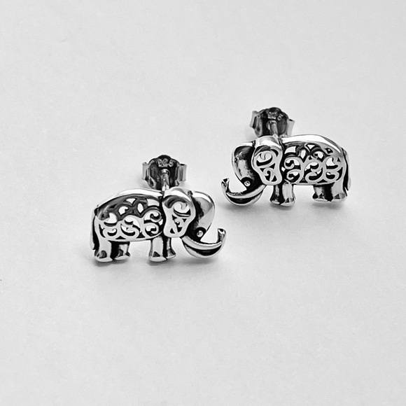 Sterling Silver Filigree Elephant Earrings, Animal Earring, Silver Stud Earring - Picture 2 of 12